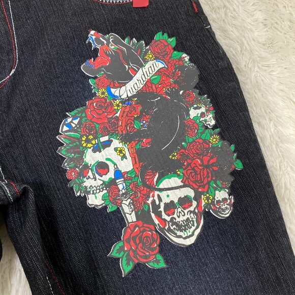 NWT MKM Designs Black Y2K Style Skull Floral Skinny Mid Rise Jeans Size 13 - Picture 7 of 11